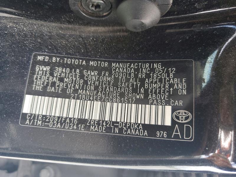 57082796 :رقم المزاد ، 2T1BU4EE7CC861517 vin ، 2012 Toyota Corolla مزاد بيع