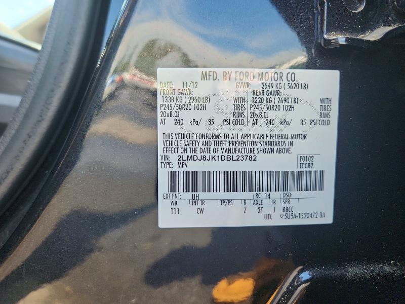 57893976 :رقم المزاد ، 2LMDJ8JK1DBL23782 vin ، 2013 Lincoln Mkx مزاد بيع