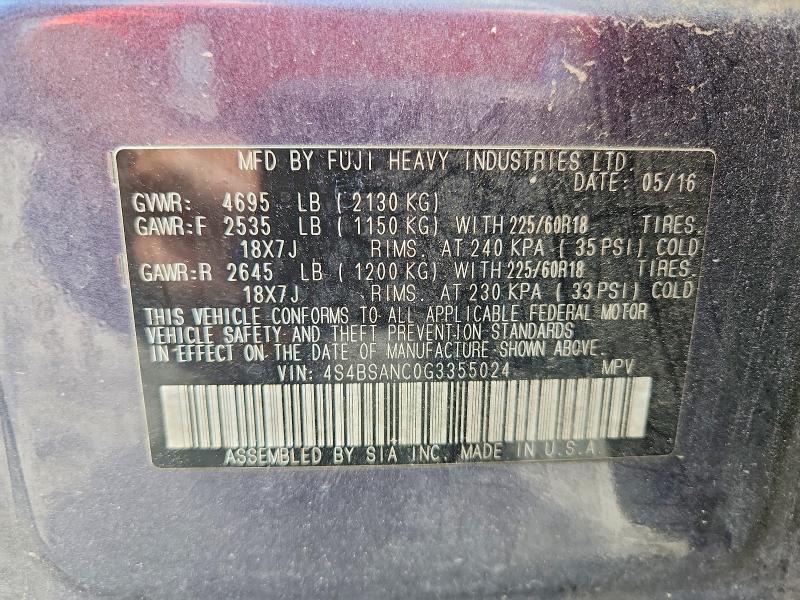 57632096 :رقم المزاد ، 4S4BSANC0G3355024 vin ، 2016 Subaru Outback مزاد بيع