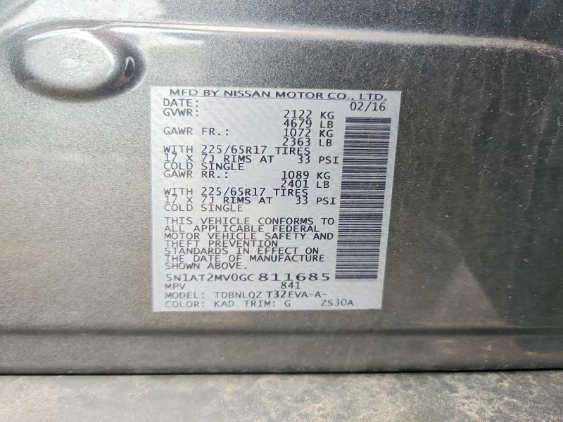 2016 Nissan Rogue მანქანა იყიდება აუქციონზე, vin: 5N1AT2MV0GC811685, აუქციონის ნომერი: 57963616
