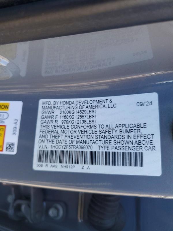 Продажа на аукционе авто 2024 Honda Accord, vin: 1HGCY2F57RA098070, номер лота: 73344355
