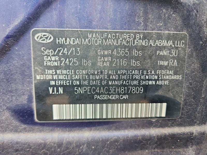 2014 Hyundai Sonata მანქანა იყიდება აუქციონზე, vin: 5NPEC4AC3EH817809, აუქციონის ნომერი: 55273806