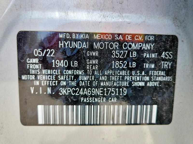 Продаж на аукціоні авто 2022 Hyundai Accent, vin: 3KPC24A69NE175119, номер лоту: 57595376