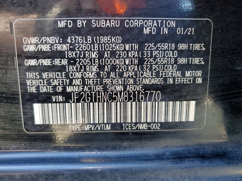 Aukcja sprzedaży 2021 Subaru Crosstrek, vin: JF2GTHNC5M8316770, numer aukcji: 57770576