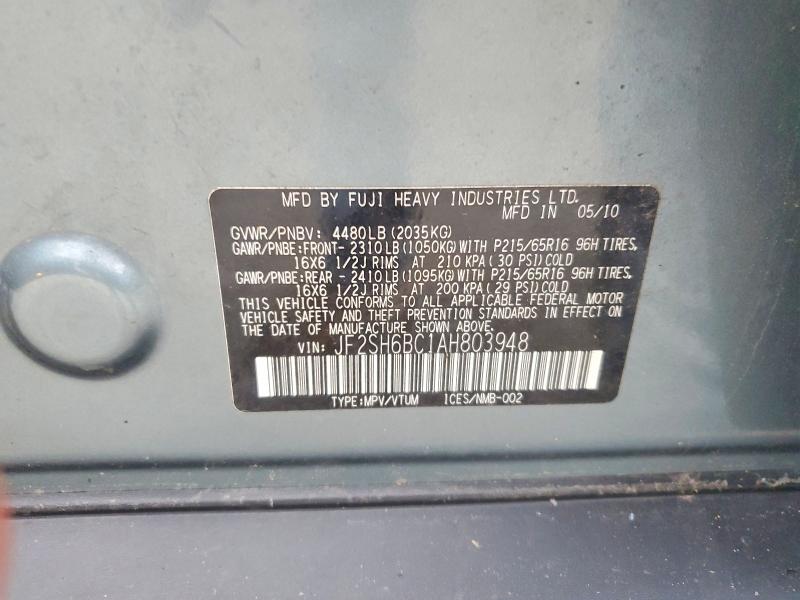 Aukcja sprzedaży 2010 Subaru Forester, vin: JF2SH6BC1AH803948, numer aukcji: 58771236