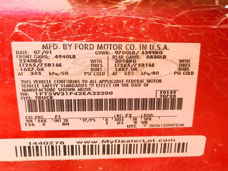 2002 Ford F350 მანქანა იყიდება აუქციონზე, vin: 1FTSW31F42EA22200, აუქციონის ნომერი: 55196616