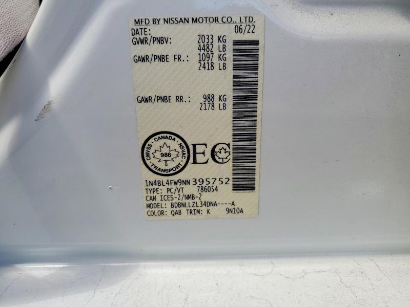 Продажа на аукционе авто 2022 Nissan Altima, vin: 1N4BL4FW9NN395752, номер лота: 55236986