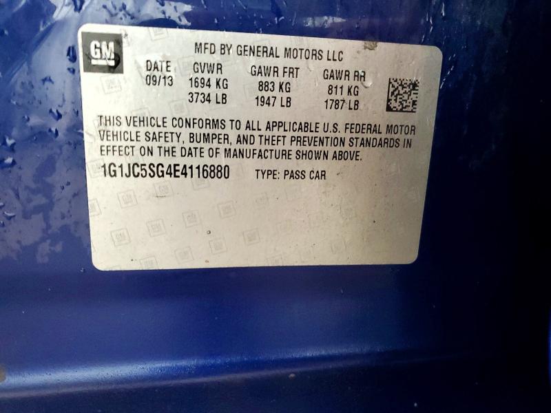 2014 Chevrolet Sonic მანქანა იყიდება აუქციონზე, vin: 1G1JC5SG4E4116880, აუქციონის ნომერი: 56738766