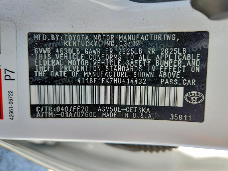 Продаж на аукціоні авто 2017 Toyota Camry, vin: 4T1BF1FK7HU414432, номер лоту: 56253046
