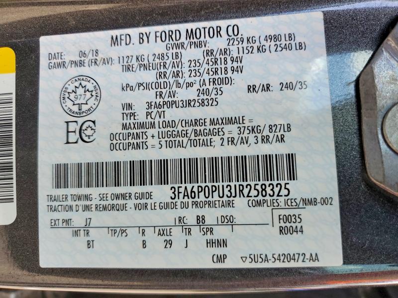 58285196 :رقم المزاد ، 3FA6P0PU3JR258325 vin ، 2018 Ford Fusion مزاد بيع