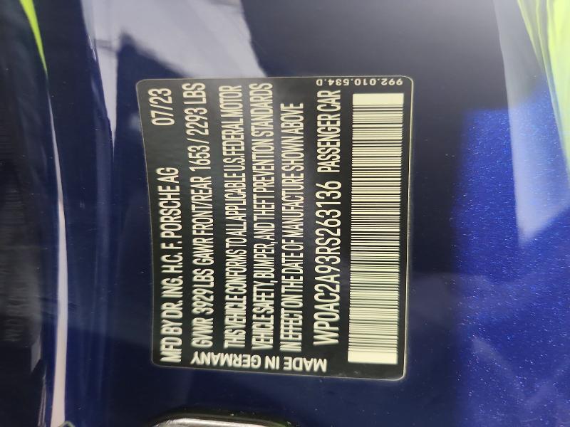 51812976 :رقم المزاد ، WP0AC2A93RS263136 vin ، 2024 Porsche 911 مزاد بيع