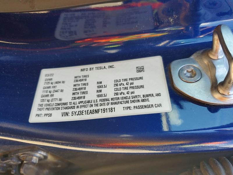 2022 Tesla Model 3 მანქანა იყიდება აუქციონზე, vin: 5YJ3E1EA8NF191181, აუქციონის ნომერი: 56959496