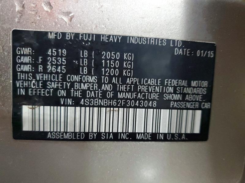 2015 Subaru Legacy მანქანა იყიდება აუქციონზე, vin: 4S3BNBH62F3043048, აუქციონის ნომერი: 54956656
