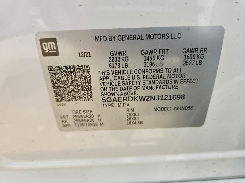 2022 Buick Enclave მანქანა იყიდება აუქციონზე, vin: 5GAERDKW2NJ121698, აუქციონის ნომერი: 56341046