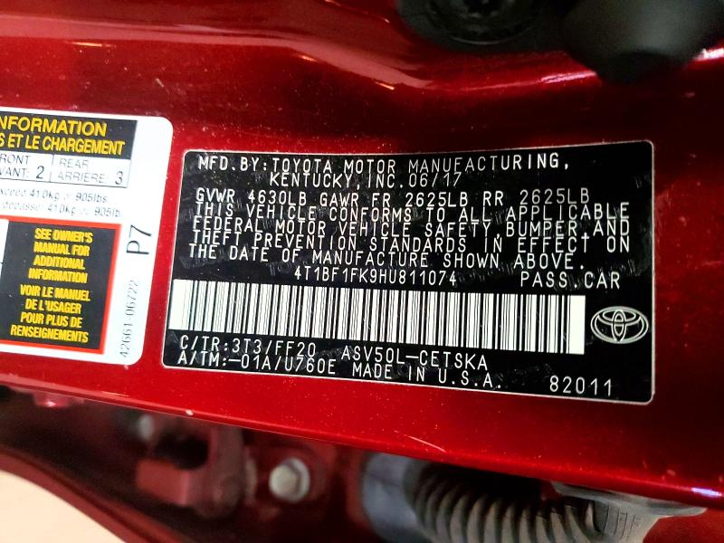 Продажа на аукционе авто 2017 Toyota Camry, vin: 4T1BF1FK9HU811074, номер лота: 57541766