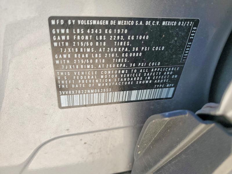 Продажа на аукционе авто 2022 Volkswagen Taos, vin: 3VVRX7B22NM062953, номер лота: 56506906