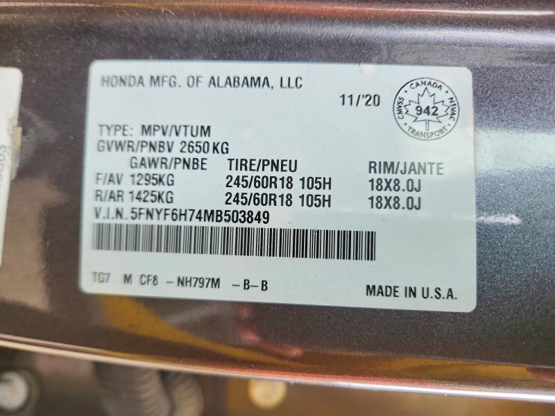 Продажа на аукционе авто 2021 Honda Pilot, vin: 5FNYF6H74MB503849, номер лота: 58654796
