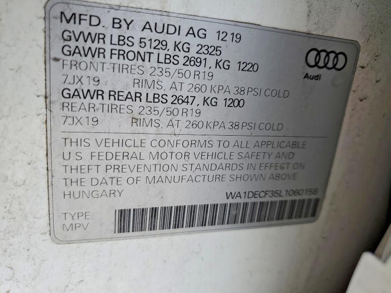 58069126 :رقم المزاد ، WA1DECF35L1060158 vin ، 2020 Audi Q3 مزاد بيع