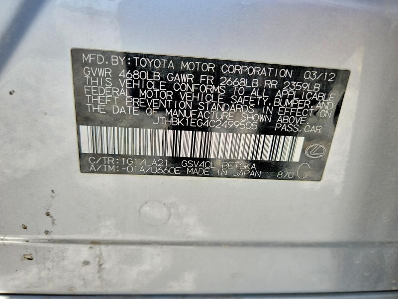 Aukcja sprzedaży 2012 Lexus Es, vin: JTHBK1EG4C2499505, numer aukcji: 57010486