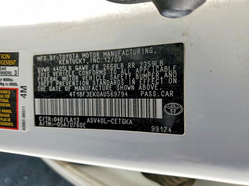 2010 Toyota Camry მანქანა იყიდება აუქციონზე, vin: 4T1BF3EK0AU569794, აუქციონის ნომერი: 56357406