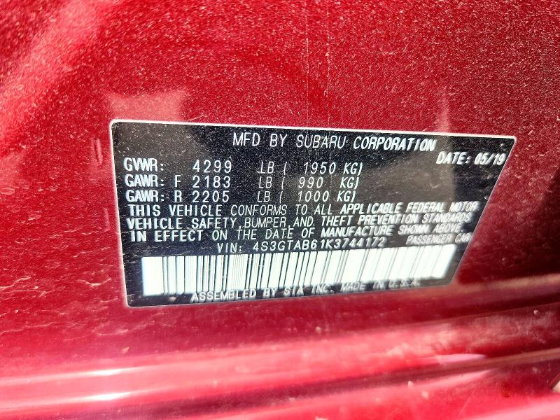 2019 Subaru Impreza მანქანა იყიდება აუქციონზე, vin: 4S3GTAB61K3744172, აუქციონის ნომერი: 57091656