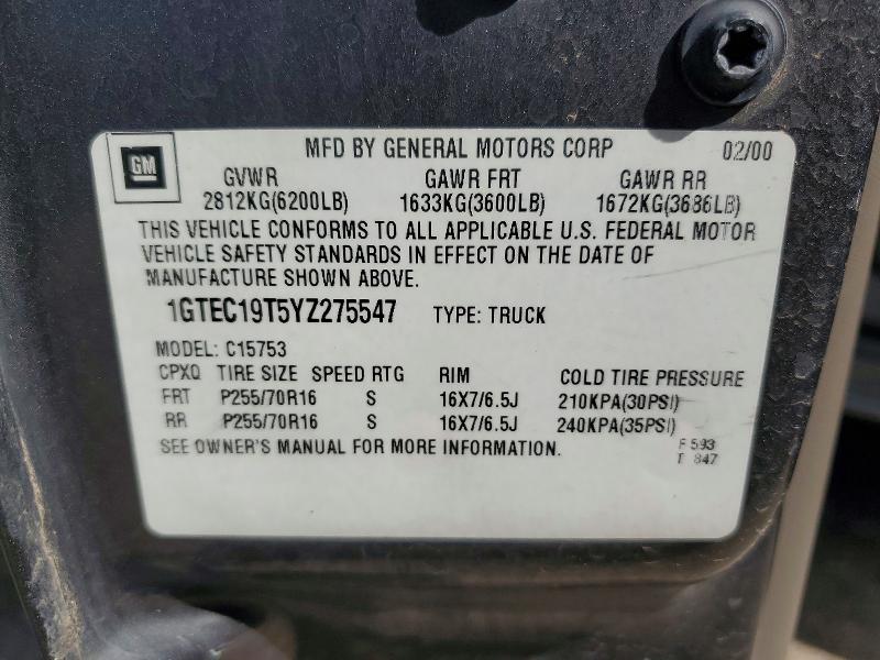 2000 Gmc New Sierra მანქანა იყიდება აუქციონზე, vin: 1GTEC19T5YZ275547, აუქციონის ნომერი: 57254036