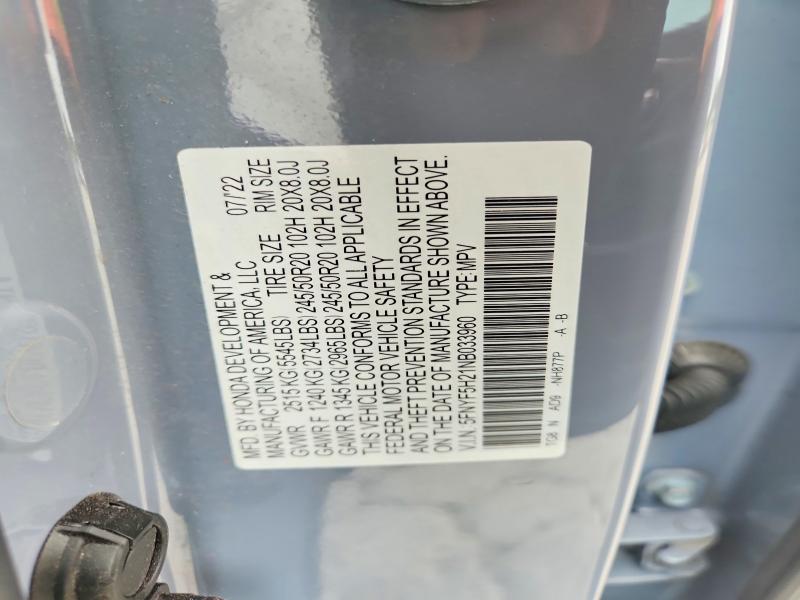 Продажа на аукционе авто 2022 Honda Pilot, vin: 5FNYF5H21NB033960, номер лота: 58519586