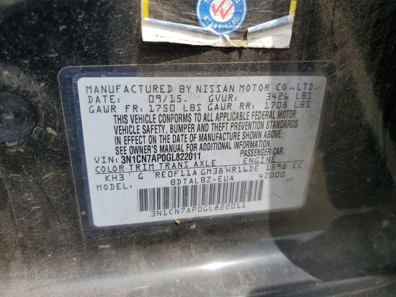 2016 Nissan Versa მანქანა იყიდება აუქციონზე, vin: 3N1CN7AP0GL822011, აუქციონის ნომერი: 59197706
