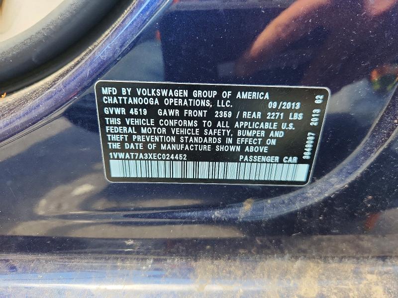 Aukcja sprzedaży 2014 Volkswagen Passat, vin: 1VWAT7A3XEC024452, numer aukcji: 58788106