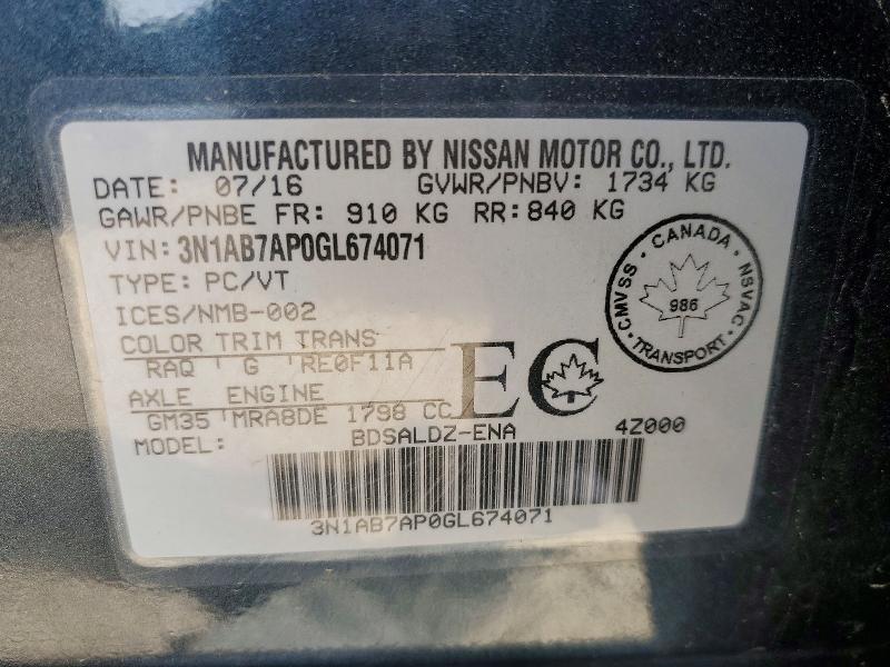 2016 Nissan Sentra მანქანა იყიდება აუქციონზე, vin: 3N1AB7AP0GL674071, აუქციონის ნომერი: 55255326