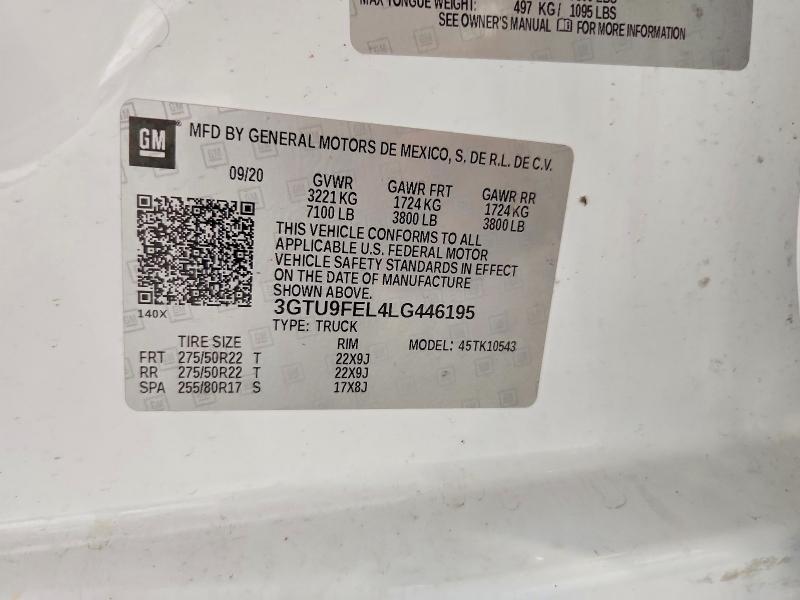 2020 Gmc Sierra მანქანა იყიდება აუქციონზე, vin: 3GTU9FEL4LG446195, აუქციონის ნომერი: 58277276