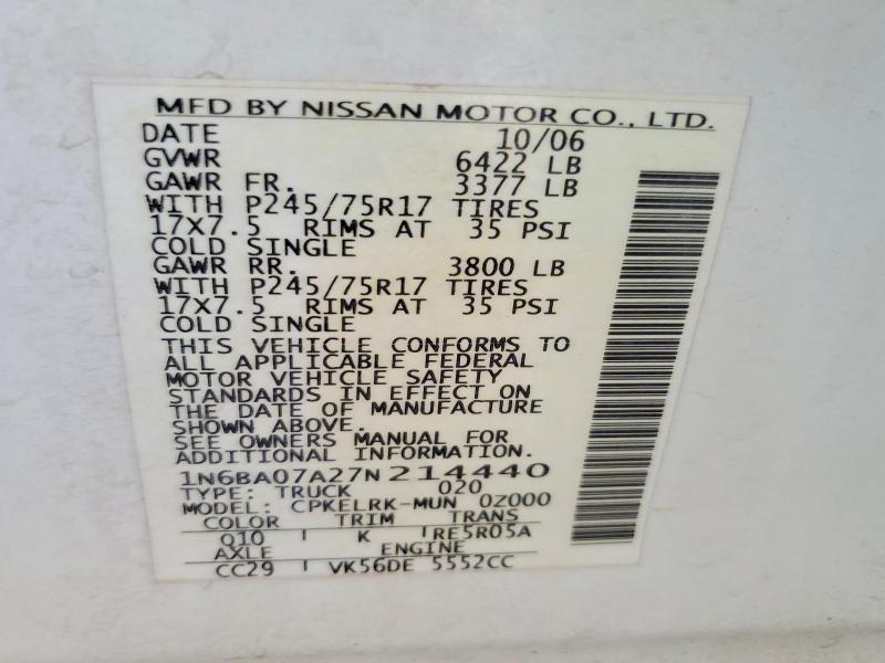 Aukcja sprzedaży 2007 Nissan Titan, vin: 1N6BA07A27N214440, numer aukcji: 58846306