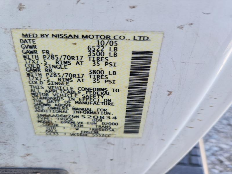 2006 Nissan Titan მანქანა იყიდება აუქციონზე, vin: 1N6AA06B26N520834, აუქციონის ნომერი: 55631146