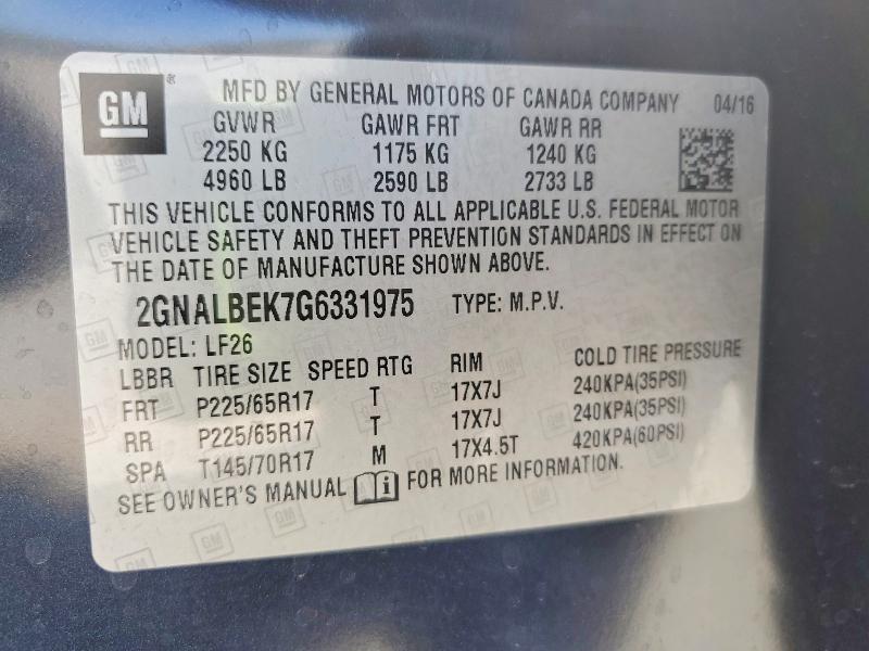 Aukcja sprzedaży 2016 Chevrolet Equinox, vin: 2GNALBEK7G6331975, numer aukcji: 57168036
