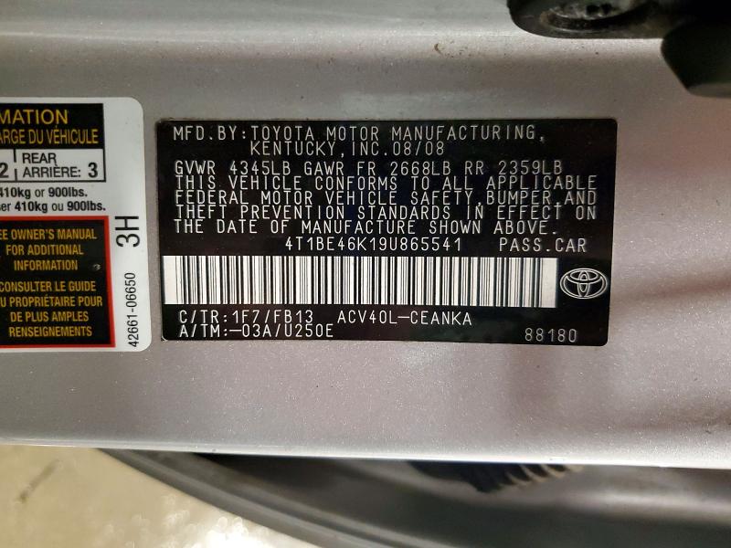 2009 Toyota Camry მანქანა იყიდება აუქციონზე, vin: 4T1BE46K19U865541, აუქციონის ნომერი: 56249206