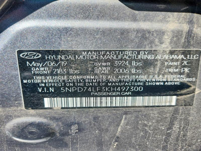 2019 Hyundai Elantra მანქანა იყიდება აუქციონზე, vin: 5NPD74LF3KH497300, აუქციონის ნომერი: 58437396