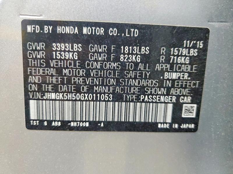 2016 Honda Fit მანქანა იყიდება აუქციონზე, vin: JHMGK5H50GX011053, აუქციონის ნომერი: 57813506