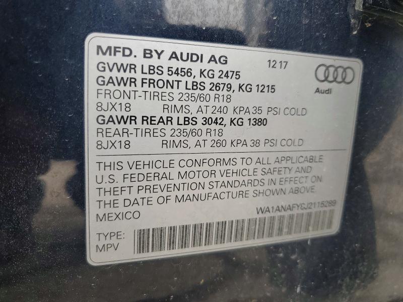 Продаж на аукціоні авто 2018 Audi Q5, vin: WA1ANAFY8J2115289, номер лоту: 58029096