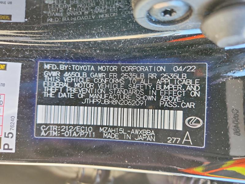 54822916 :رقم المزاد ، JTHP9JBH8N2062091 vin ، 2022 Lexus Ux 250h مزاد بيع