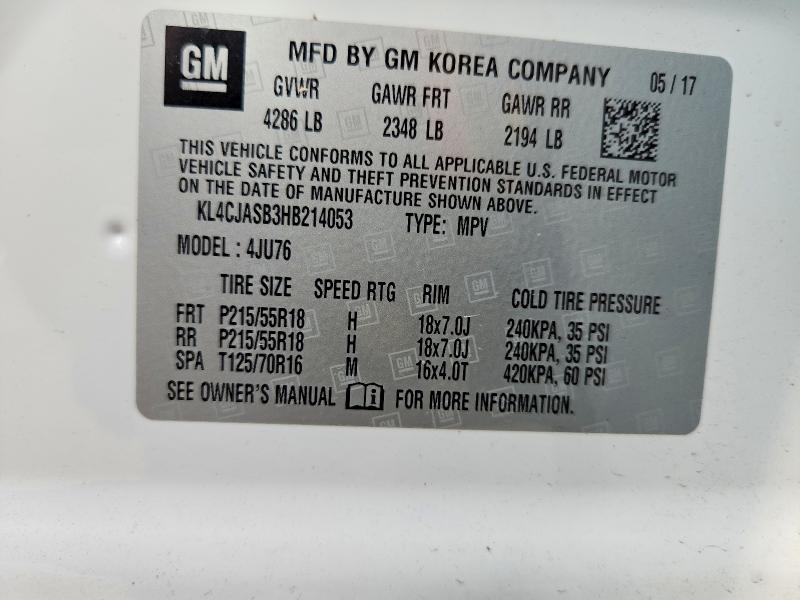 2017 Buick Encore მანქანა იყიდება აუქციონზე, vin: KL4CJASB3HB214053, აუქციონის ნომერი: 58193716