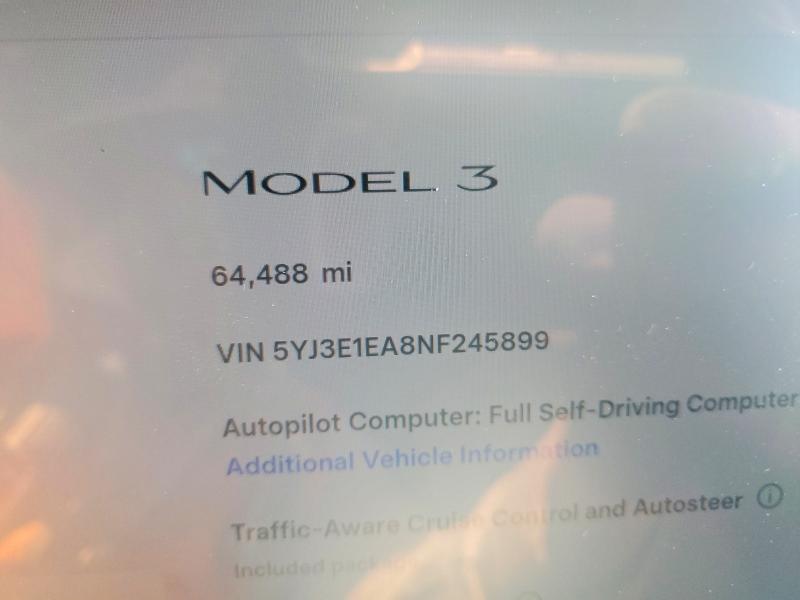 2022 Tesla Model 3 მანქანა იყიდება აუქციონზე, vin: 5YJ3E1EA8NF245899, აუქციონის ნომერი: 58275476
