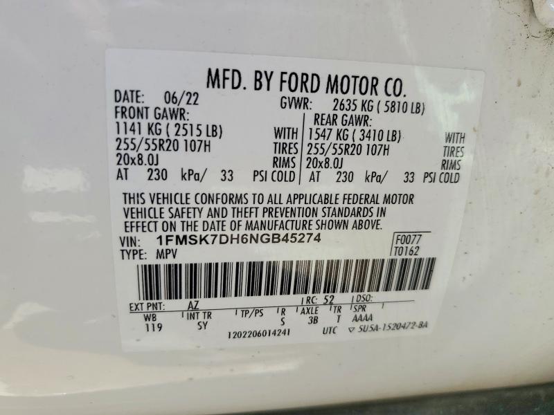 Продаж на аукціоні авто 2022 Ford Explorer, vin: 1FMSK7DH6NGB45274, номер лоту: 59005576