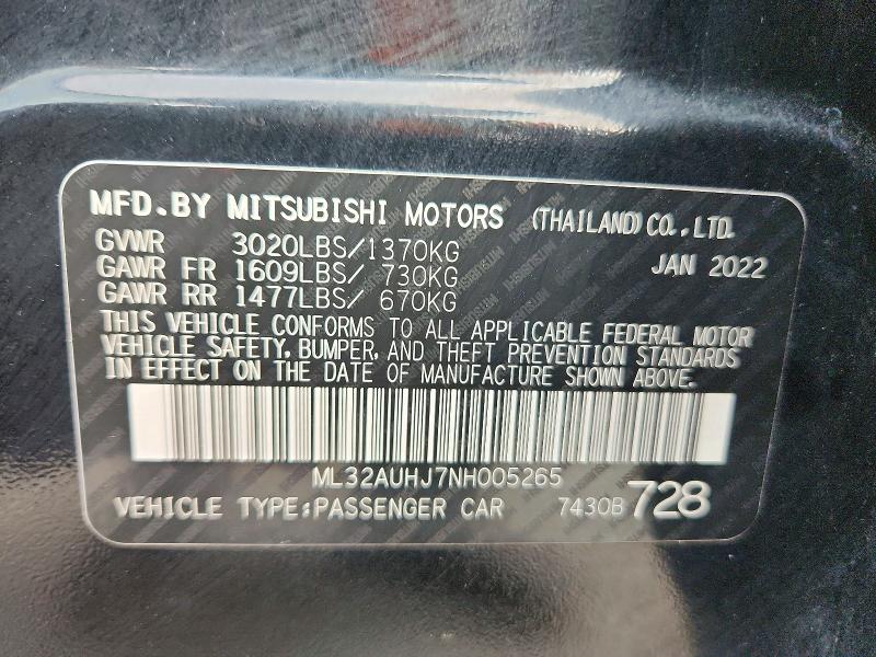 58212936 :رقم المزاد ، ML32AUHJ7NH005265 vin ، 2022 Mitsubishi Mirage مزاد بيع