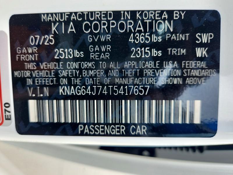 Aukcja sprzedaży 2026 Kia K5, vin: KNAG64J74T5417657, numer aukcji: 56476476