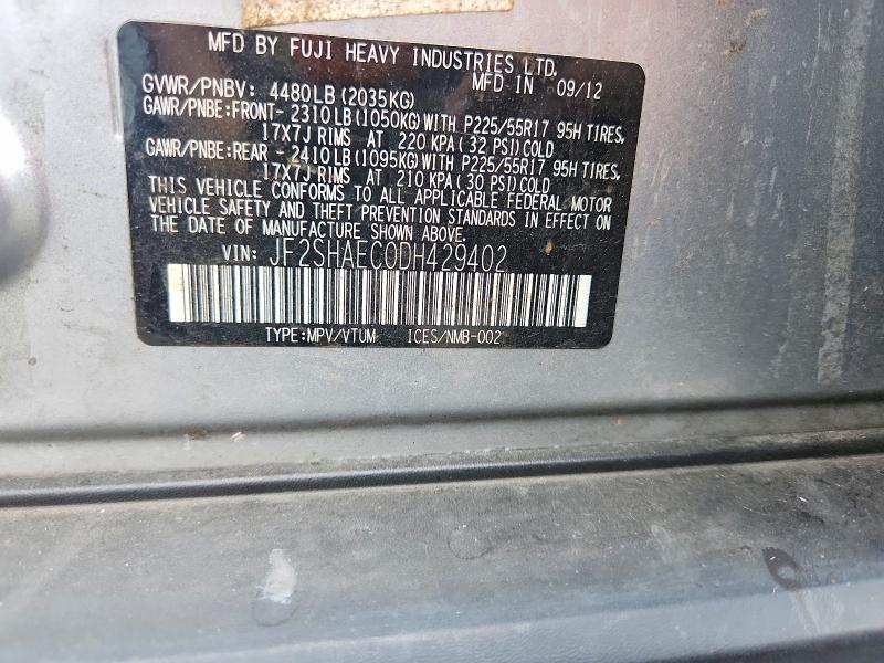 2013 Subaru Forester მანქანა იყიდება აუქციონზე, vin: JF2SHAEC0DH429402, აუქციონის ნომერი: 85633485