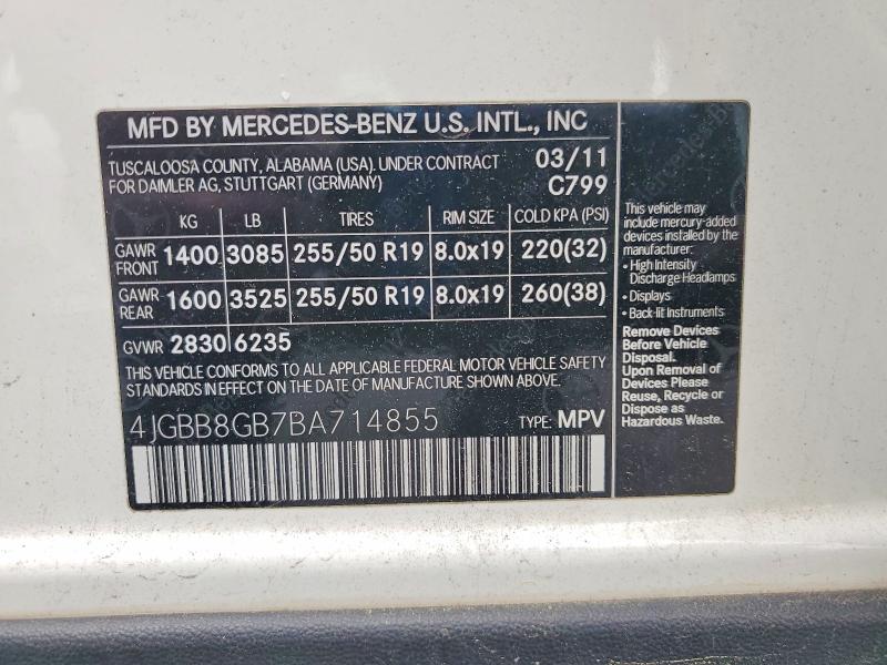 Auction sale of the 2011 Mercedes-benz Ml, vin: 4JGBB8GB7BA714855, lot number: 58033506