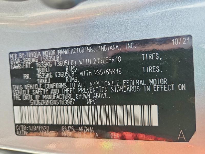 57959716 :رقم المزاد ، 5TDGZRBH3NS163967 vin ، 2022 Toyota Highlander مزاد بيع