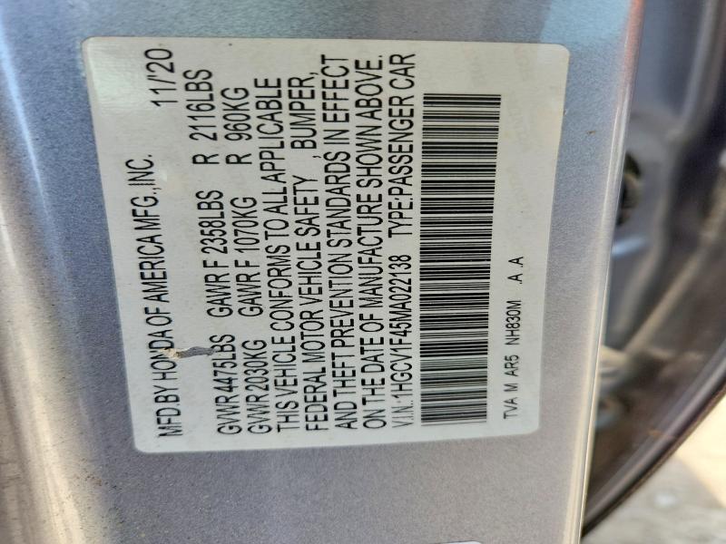 Aukcja sprzedaży 2021 Honda Accord, vin: 1HGCV1F45MA022138, numer aukcji: 58712676