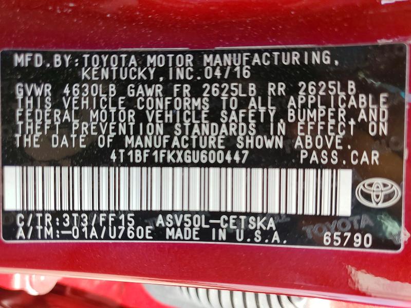 Aukcja sprzedaży 2016 Toyota Camry, vin: 4T1BF1FKXGU600447, numer aukcji: 55934306