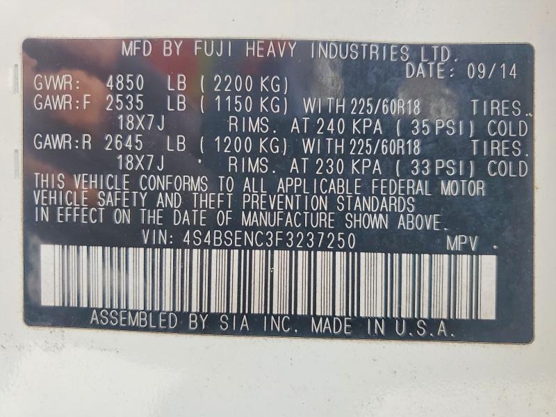 2015 Subaru Outback მანქანა იყიდება აუქციონზე, vin: 4S4BSENC3F3237250, აუქციონის ნომერი: 57880376